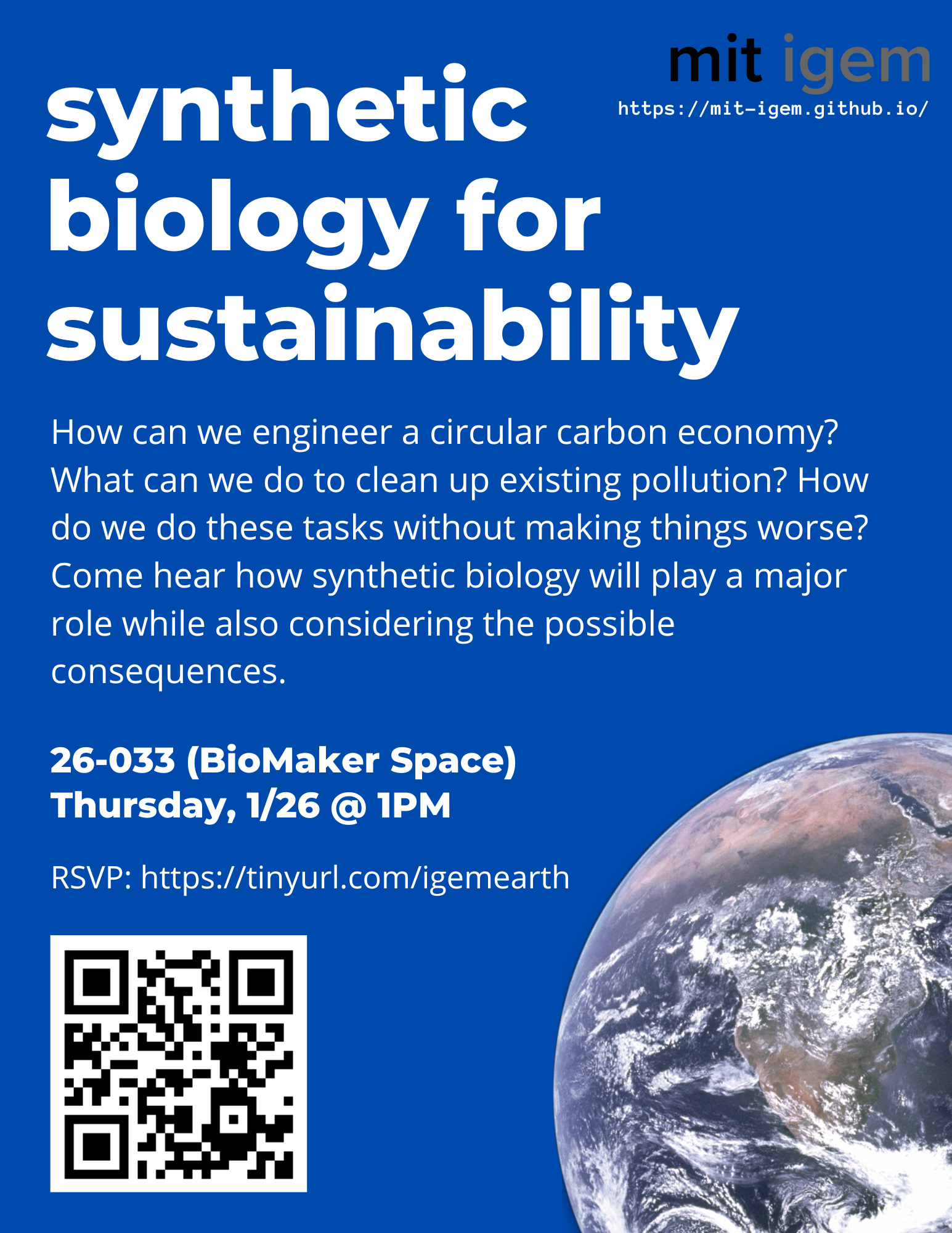 Synthetic biology and sustainability talk January 26, 2023 in room 26-033 at 1PM.